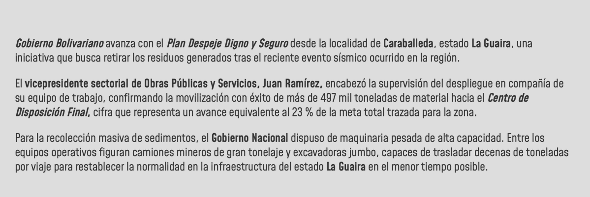 Naky's tweet photo. El chavismo dice que movió “497 mil toneladas de material hacia el Centro de Disposición Final”, que no señala dónde queda, pero afirma que “representa 23 % de la meta total trazada para la zona”, sin explicar si la zona es Caraballeda o el estado Vargas.

De nuevo, #propaganda https://t.co/VUmzGlojKZ