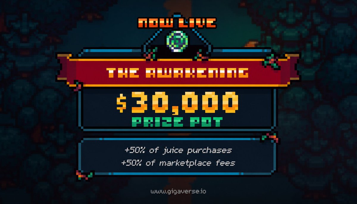 playgigaverse's tweet photo. Following a recent bug fix: 

[1] The event has been restarted, and is now LIVE

[2] The prize pot has been topped up to $30,000  

See you in Gigaverse https://t.co/f1LIWM0Acs