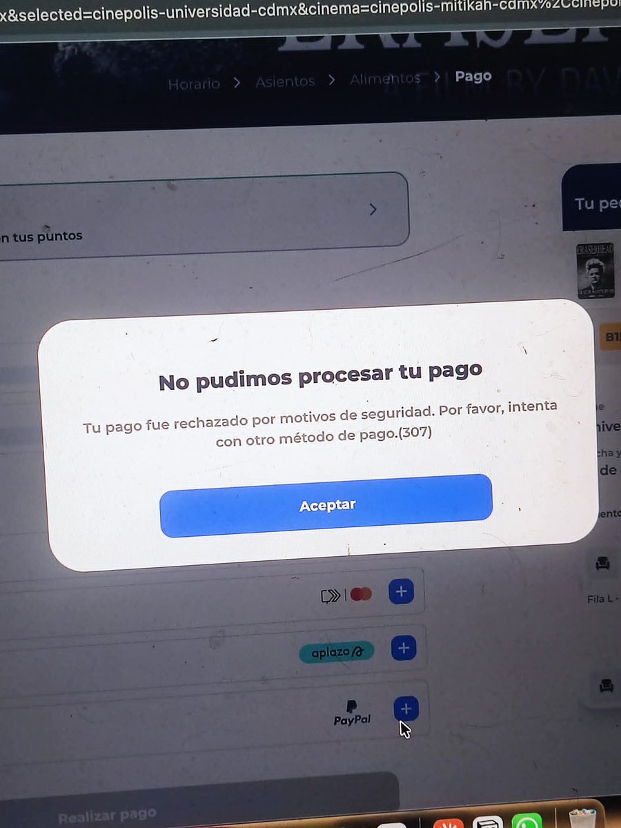 ma_stercard's tweet photo. @Cinepolis Hola, me cobraron un boleto vía paypal, luego me salió un aviso de que no se pudo procesar el pago y no me han devuelto el dinero https://t.co/AnVD1VkDZH