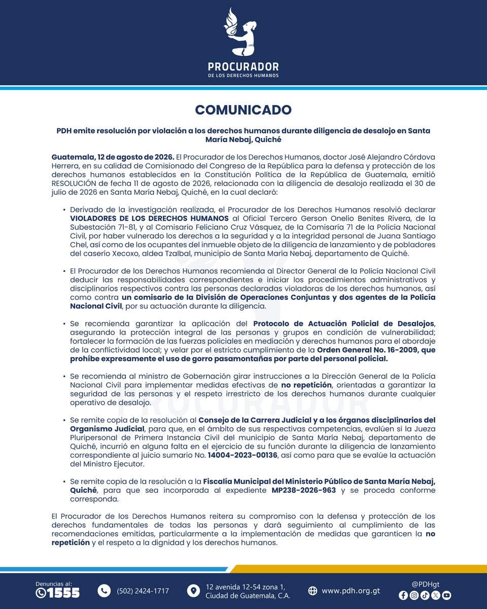 PDHgt's tweet photo. #ComunicadoPDH | El Procurador de los Derechos Humanos, doctor José Alejandro Córdova Herrera, emite resolución por violación a los #DerechosHumanos durante diligencia de #desalojo en 📍#SantaMaríaNebaj, #Quiché.
#PDHAcciona #Desalojo #PersonaMayor #Nebaj #InvestigaciónEnDDHH https://t.co/JbwbdJ27lk