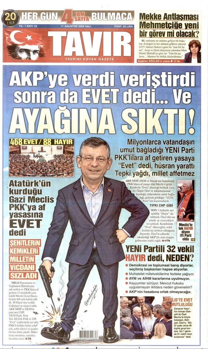 GaffarYakinca's tweet photo. Tavır Gazetesinin manşeti çok tuhaf.
Vakti ile Özgür Özel’in ayağının sakatlanması üzerinden çıkarılan söylentilere bir gönderme yapıldığı belli. 

Peki ama neden? https://t.co/Qn6X3N2yDo