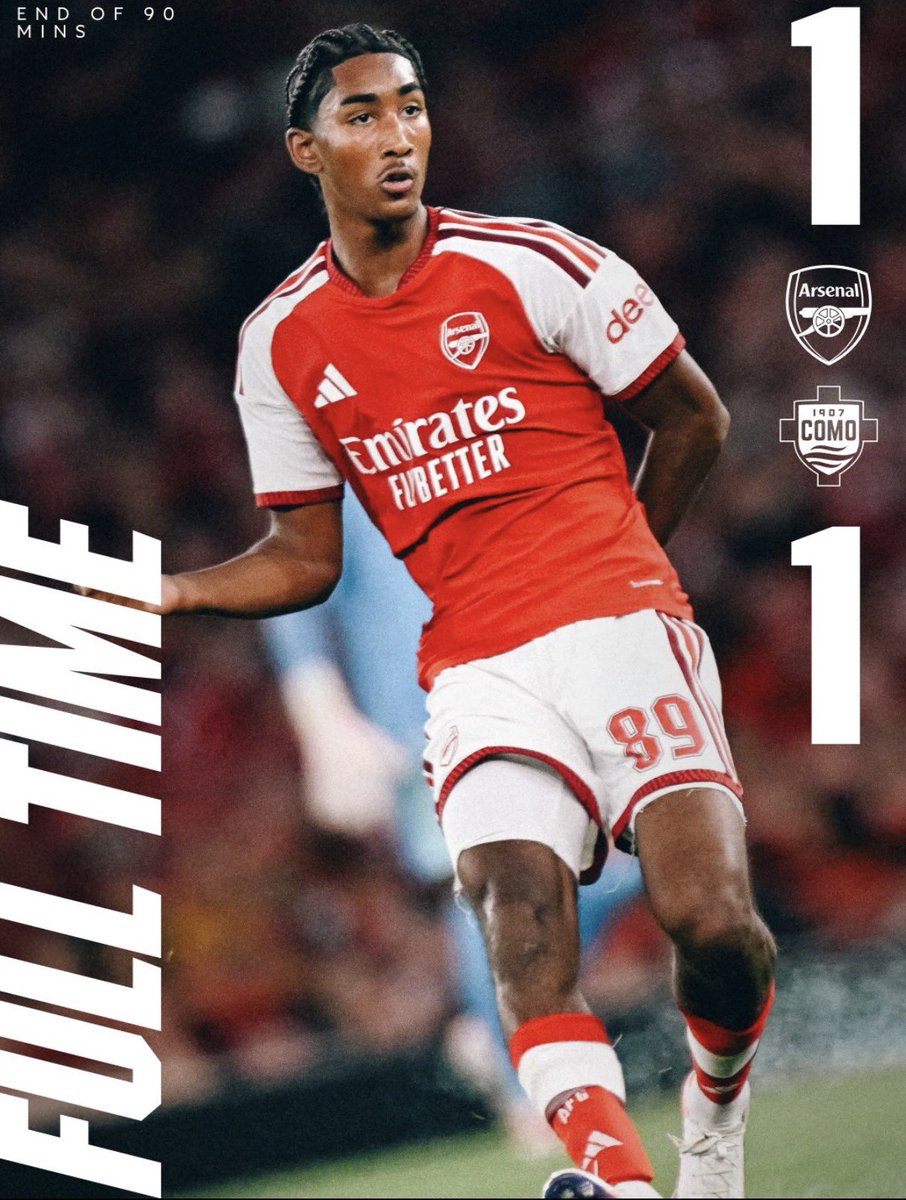TrueAFCNews's tweet photo. 🔴 🔵FULL TIME: Arsenal 1-1 Como.

A solid final pre-season test for the Gunners. Now all focus turns to the Community Shield on Sunday. 🏆🔴⚪️ https://t.co/1TePrMs8gn