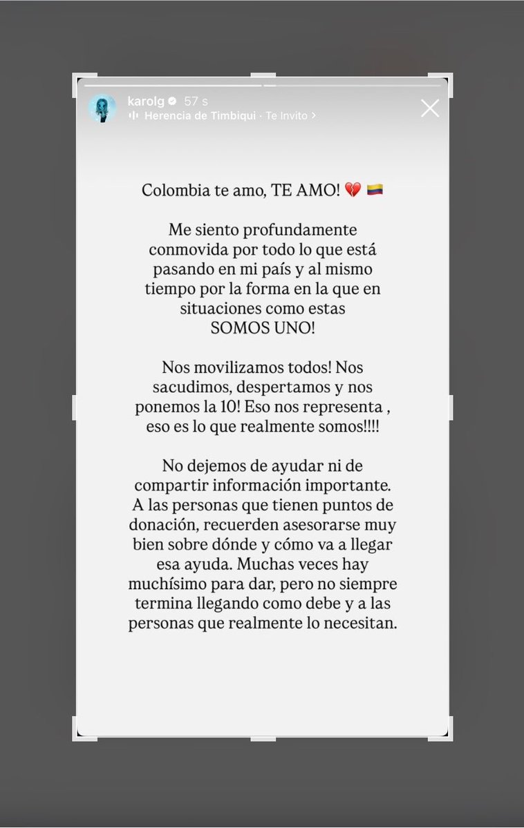 KarolGWW's tweet photo. KAROL G vía Instagram ante la situación de su país Colombia debido al desastroso terremoto 🥹💔😔 https://t.co/wzg73hEtBx