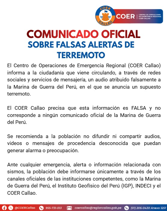 COERCallao's tweet photo. 🚨 COMUNICADO OFICIAL

El COER Callao informa que viene circulando un audio falso atribuido a la Marina de Guerra del Perú, relacionado con un supuesto terremoto.

❌ Esta información es falsa.
📲 No compartas audios o mensajes de fuentes desconocidas. https://t.co/fIZIMd0Rps