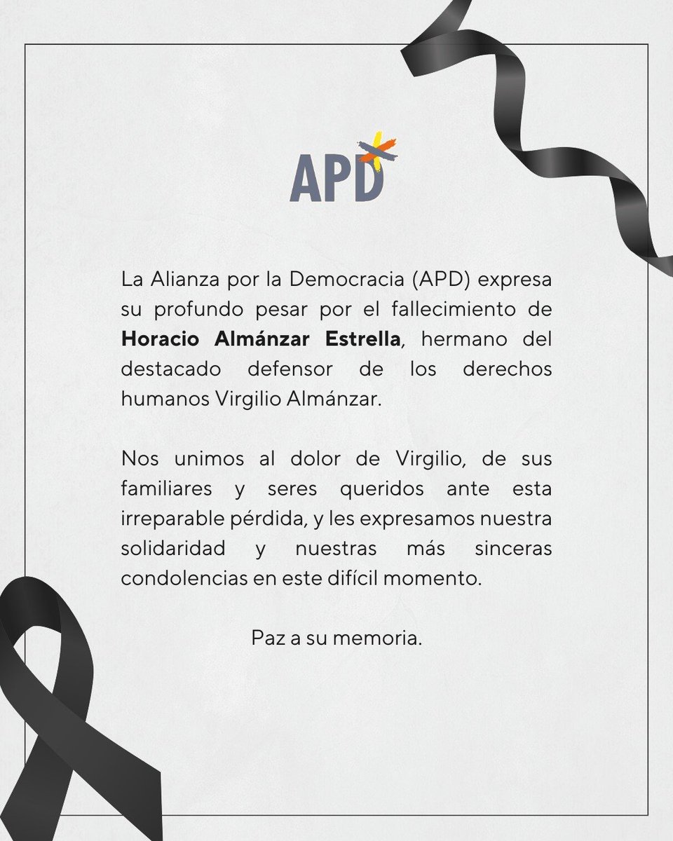 APD_web's tweet photo. La APD lamenta el fallecimiento de Horacio Almánzar Estrella. Expresamos nuestra solidaridad y condolencias a Virgilio Almánzar y toda su familia.

Paz a su memoria. https://t.co/hTN8sKWJuY