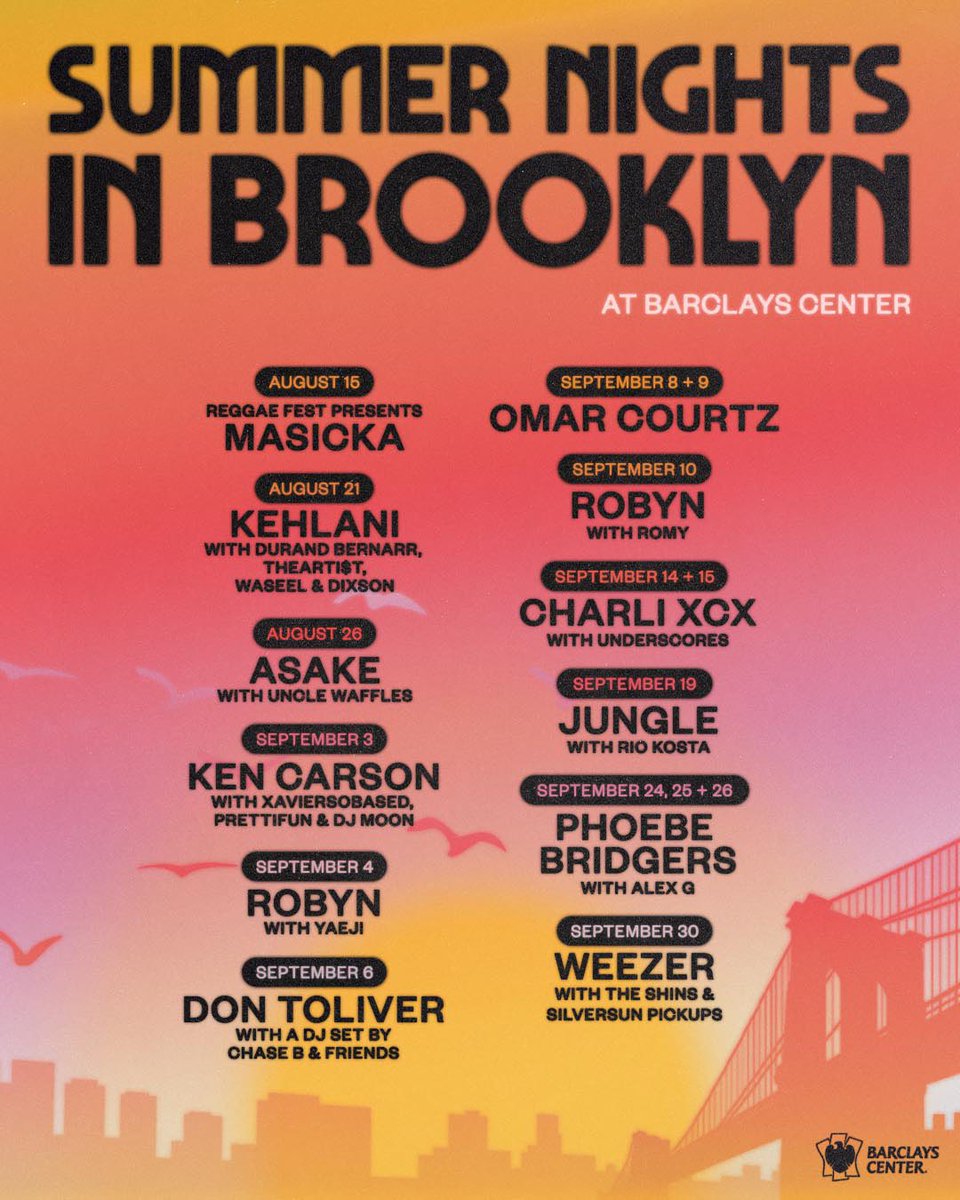 barclayscenter's tweet photo. Keep summer going in Brooklyn ☀️
🎟️:  https://t.co/mSo5MyC88w https://t.co/XwPeO9mpsg