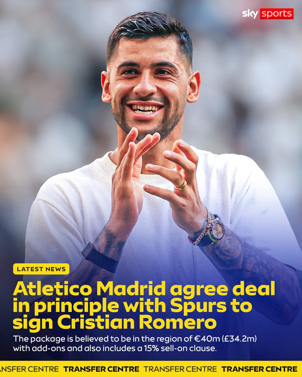 SkySportsPL's tweet photo. Atletico Madrid have agreed a deal in principle with Spurs to sign Cristian Romero 🚨

The package is in the region of £34.2m (€40m) with add-ons. A 15 per cent sell-on clause is included. https://t.co/gEhNeHjydM