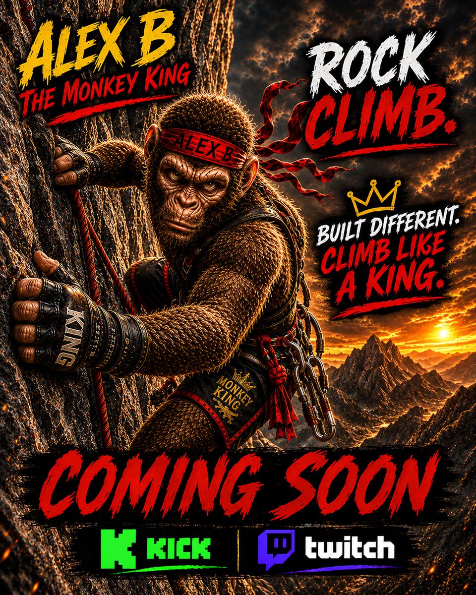TheMonkeyCobra's tweet photo. OOH OOH AHH AHH I feel like climbing see you in a couple hours. Probably around 630 central. Twitch only event MAYBE kick also but rn just Twitch. Hope to see you all in a couple hours ! ๐๐๐
-MKC
#rockclimb #rock #climb #climbing #monkey #mkc #alexb #live #twitch