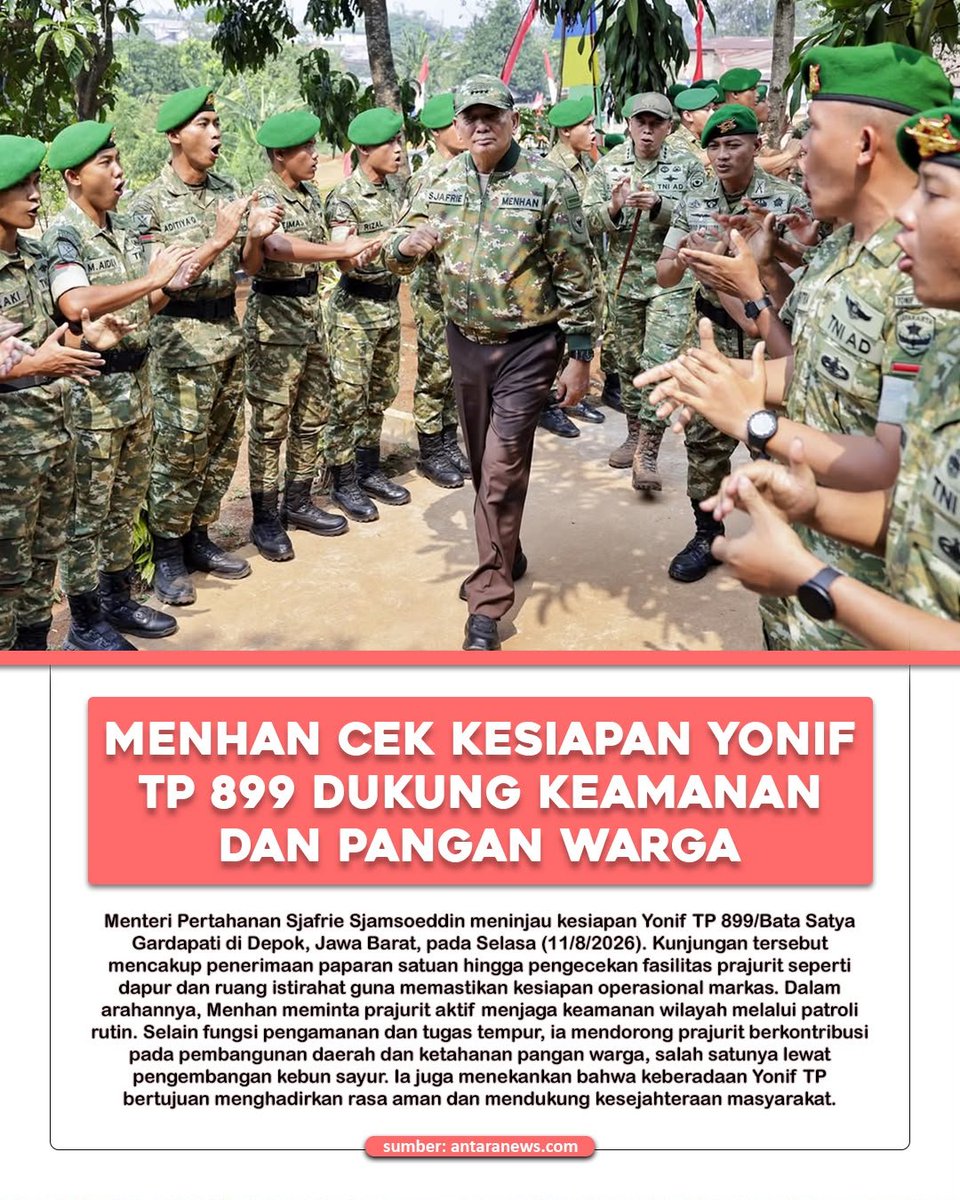 vahsyaaa's tweet photo. Menhan turun langsung cek kesiapan Yonif TP 899. Bukan cuma soal keamanan, tapi juga dorong prajurit ikut mendukung ketahanan pangan warga https://t.co/NL66KDzqIm
