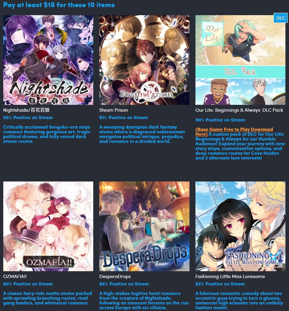 KaroshiMyriad's tweet photo. "Handsome Husbandos" Humble Bundle includes 9 visual novels for $18:

- Nightshade (Red Entertainment / D3PUBLISHER)
- Steam Prison (HuneX / MangaGamer)
- Our Life: Beginnings & Always: DLC Pack (GB Patch Games)
- OZMAFIA!! (Poni-Pachet SY / MangaGamer)
- DesperaDrops (WIZARDSOFT CORPORATION / D3PUBLISHER)
- Fashioning Little Miss Lonesome (kalmia8 / MangaGamer)
- A Date with Death Deluxe DLC Pack (Two and a Half Studios)
- MAMIYA (Kenkou Land / Fruitbat Factory)
- Bakumatsu Renka SHINSENGUMI (VRIDGE INC. / D3PUBLISHER)

The bundle will support the charity Breakthrough T1D.

https://t.co/HOmEBLwMgt