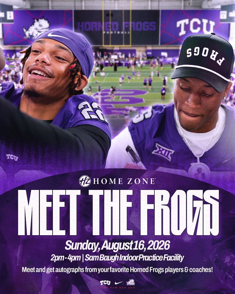 TCUFootball's tweet photo. 🏈 Markis Deal wants to see you at Meet The Frogs this Sunday!

📍 Sam Baugh Indoor Practice Facility
🗓️ Sunday | August 16
📷 2:00pm - 4:00pm

#GoFrogs 🐸 #ForTheWorthy https://t.co/dsEtDsXf2j