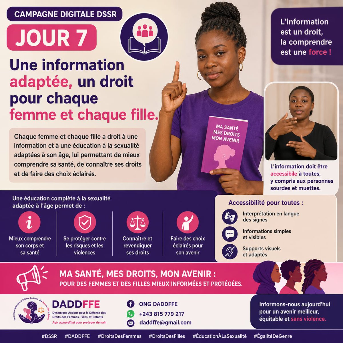 DADDFFEong's tweet photo. 📅 JOUR 7 | DSSR

📚 Femmes et filles ont droit à une information adaptée à leur âge pour mieux connaître leur santé et leurs droits.

📢 Ma santé, mes droits, mon avenir.

#DSSR #DADDFFE #DroitsDesFemmes https://t.co/3OGvc9EO6m