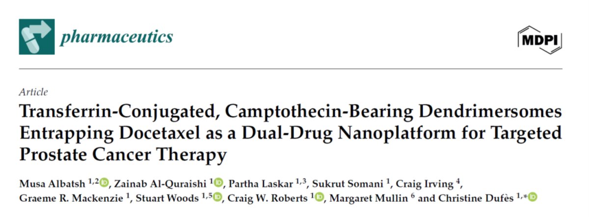DufesLab's tweet photo. Check out our latest paper in Pharmaceutics on transferrin-targeted dendrimersomes co-delivering docetaxel and camptothecin for prostate cancer therapy.
@SIPBS_Strath @UniStrathclyde @MDPIpharma #nanomedicine #drugdelivery #prostatecancer #dendrimersomes https://t.co/df6gNZwwx4