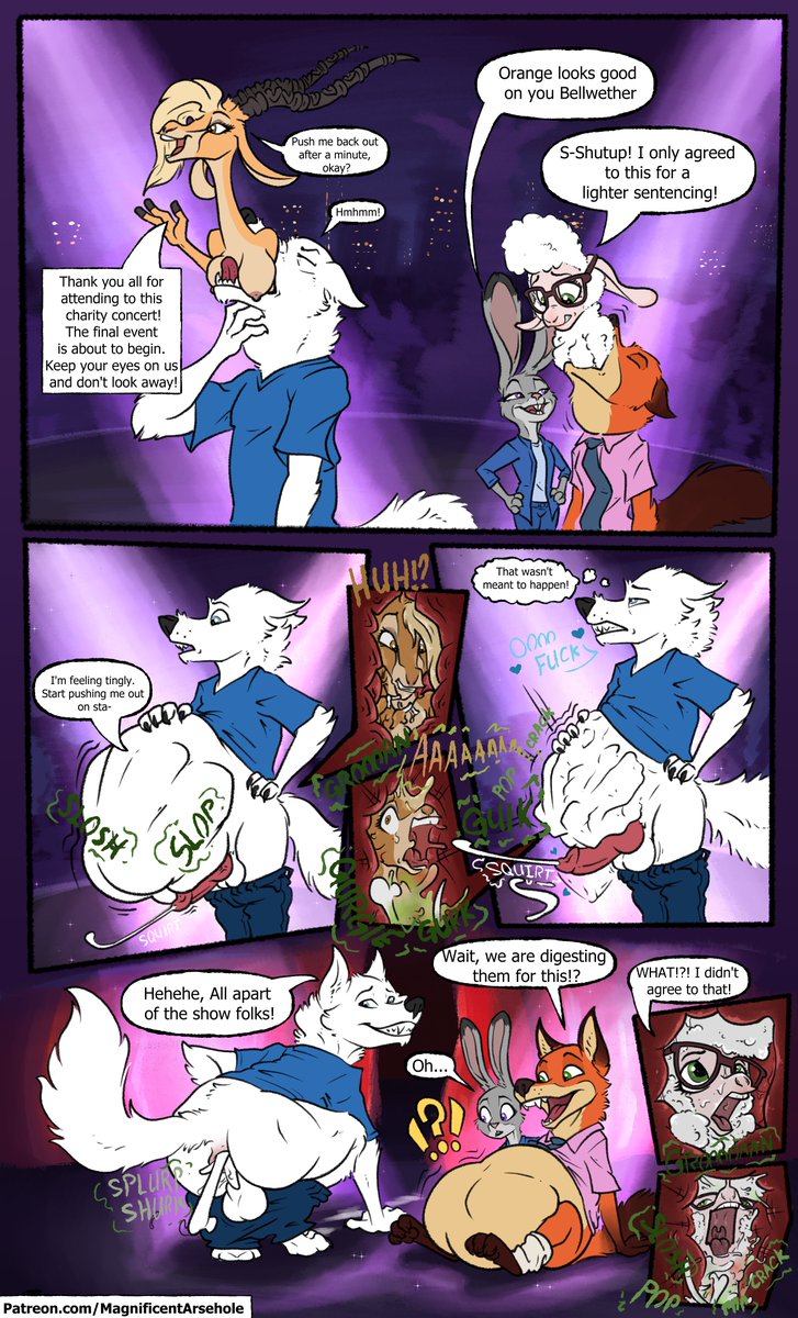 MagnificentArse's tweet photo. This started as a fun suggestion during a live stream that turned into this comic.  
Other versions are available if you buy the post or become a member: https://t.co/5Ffyviszap

#vore #voreart #zootopia https://t.co/1bKYr0R4Hn