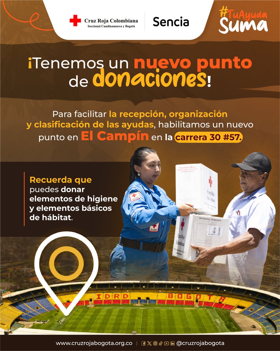 cruzrojabogota's tweet photo. 📍 ¡Tenemos un nuevo punto de acopio! ❤️

Si quieres sumarte a esta cadena de solidaridad, ahora puedes llevar tus donaciones al Estadio Nemesio Camacho “El Campín”, en la Carrera 30 #57.

🕗 Horario de atención: 8:00 a. m. a 9:00 p. m. https://t.co/3JFb3Tt8c0