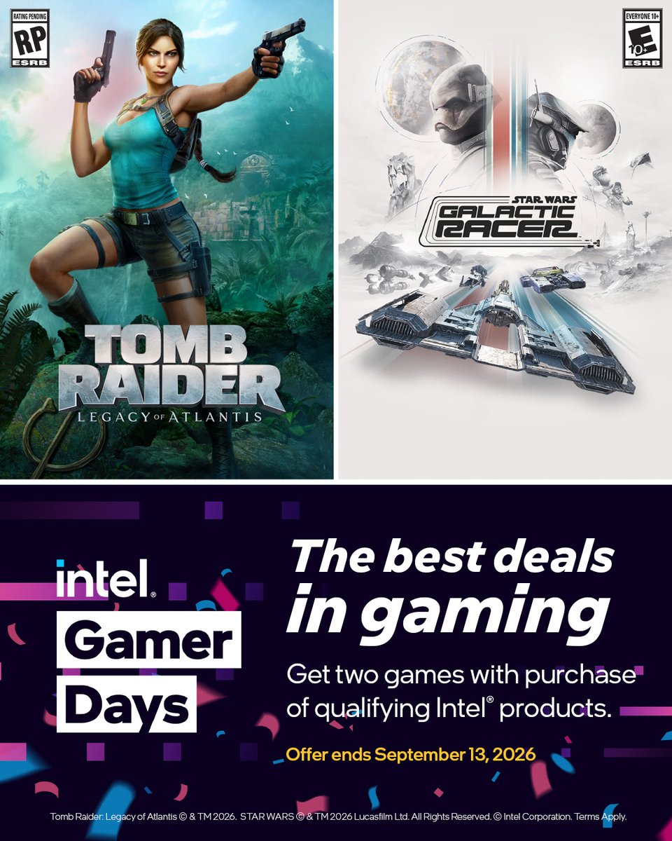 IntelGaming's tweet photo. Intel Gamer Days is here 🎉

Get the best deals in gaming—including BOTH @PlayTombRaider and @SWGalacticRacer when you grab a qualifying Intel product!

Learn more: https://t.co/rEW0uI6Ykl https://t.co/Lt4Xvz2txc