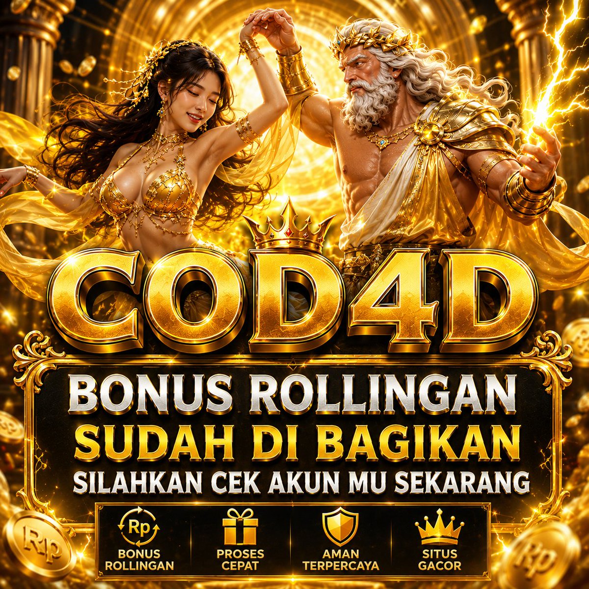 situscod4d's tweet photo. "Kepada Yth. Member Setia COD4D ✨
🎁 Bonus Rollingan Mingguan untuk Slot • Live Casino • Sportsbook • Sabung Ayam • Interactive periode 13 AGUSTUS 2026 telah berhasil kami kreditkan ke User ID Anda.
#ROLLINGANCOD4D #CO4D #SLOTGACOR https://t.co/QC8pMqrs0X