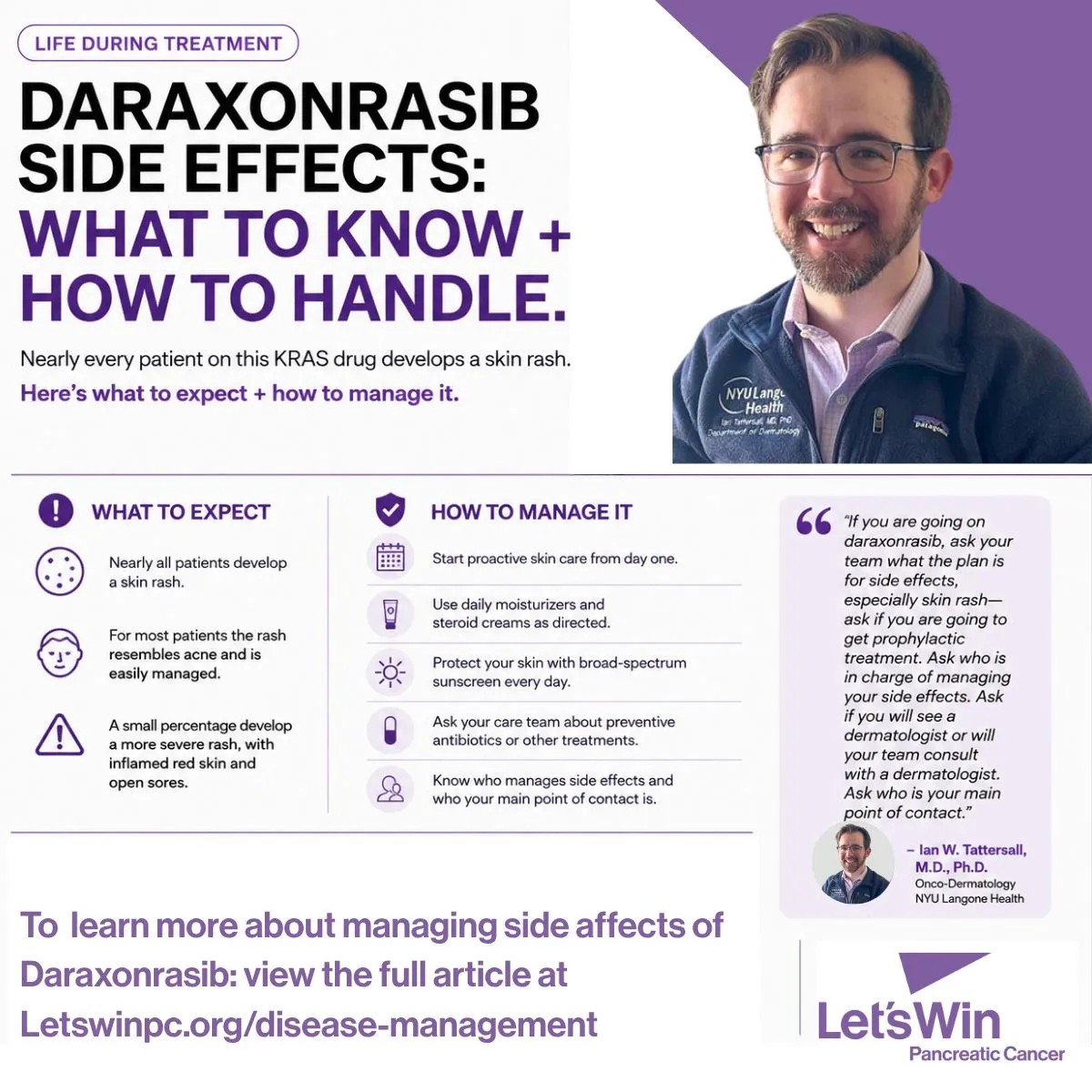 letswinpc's tweet photo. Daraxonrasib is a game changer for metastatic pancreatic cancer — but it comes with side effects, including a skin rash. Dr. Ian Tattersall explains what to expect and how to prepare.

🔗 Link to read the full article: https://t.co/tjGMhGJVJt https://t.co/seFPXQfXYu