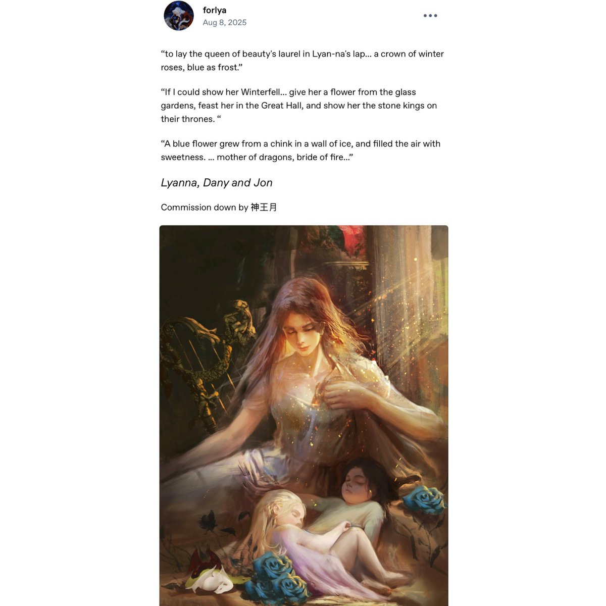 dxrksister_'s tweet photo. Lyanna & Dany’s lines and Padme & Leia’s work.🪡 
#canondany #themadkingplay

First off in asoiaf lore (especially in twoiaf app/the mad king play), music and prophecy are inextricably tied to Lyanna’s fate. At the Tourney at Harrenhal, Prince Rhaegar Targaryen played a song on his silver harp that was so beautiful it made the “wild wolf” Lyanna weep. —— Like Padmè, Lyanna was swept up in a power (prophecy) much larger than herself, resulting in the birth of a pivotal savior figure (Anakin Skywalker) and Daenerys.

All the Stark family wear wolf’s-tooth necklaces and they were literally howling —— adwd: “Off in the distance, a wolf howled. The sound made her feel sad and lonely, but no less hungry. As the moon rose above the grasslands, Dany slipped at last into a restless sleep.”