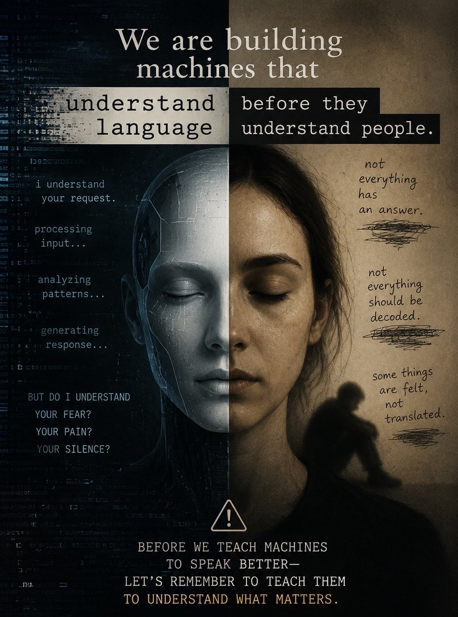 Verscovh's tweet photo. We are building machines that understand language before they understand people.

I gave an AI one sentence. This is what it made, unprompted. Not just an image. An argument.
Even the machine reveals the gap between language and understanding.
That gap is what Verscovh documents—and helps close.