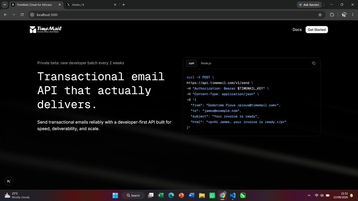 timemail_hq's tweet photo. Kickstarted the design for the official TimeMail landing page today. 🚀

Building a fast, reliable, and developer-first transactional email API built for scale that Africans haven't imagined.

Private beta onboarding coming soon. Stay tuned! ⚡️ https://t.co/xgZwtET1xu