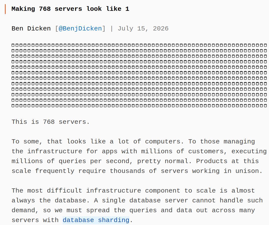 DistribSystems's tweet photo. Making 768 servers look like 1 
https://t.co/mWfbZhCLYh
A single database server cannot handle such demand, so we must spread the queries and data out across many servers with database sharding. https://t.co/lc4Wj2juKu