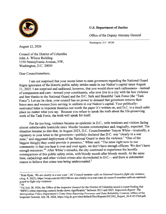 TheJusticeDept's tweet photo. PSA: The D.C. City Council sent letters to 10 governors whose National Guard members are serving in D.C., demanding that these brave men and women be removed from our nation's capital.

This Department of Justice will not stand for these politically motivated demands. We will continue standing with @POTUS and the Make D.C. Safe and Beautiful Task Force to deliver historic results for the community—and for visitors from across the country and around the world to enjoy.

Read the letter to @councilofdc from Assistant Attorney General Colin McDonald below ⬇️