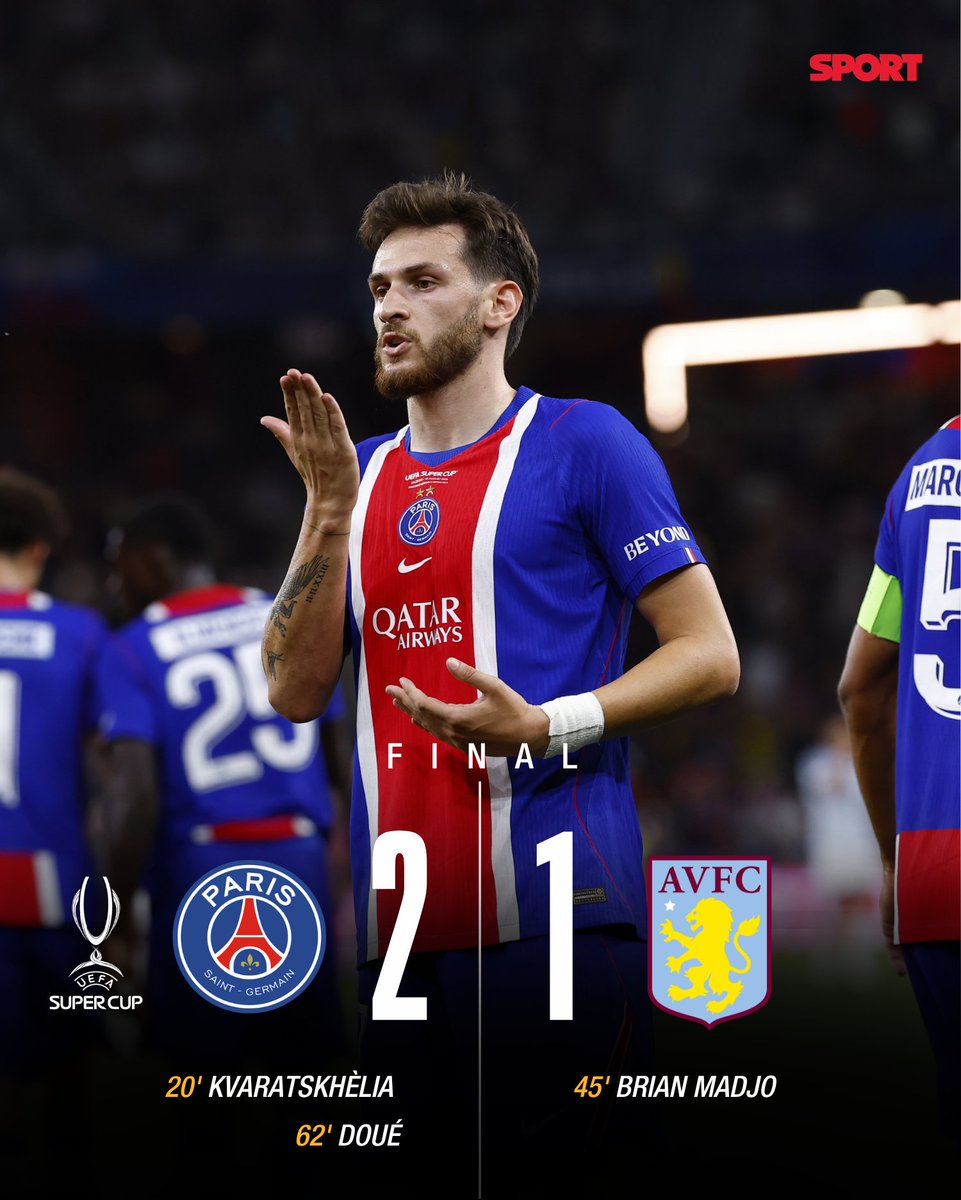 sport's tweet photo. 🔵¡El Paris Saint-Germain conquista una nueva Supercopa de Europa el día de su 56º aniversario! 🔴

🤩El equipo parisino supera al Aston Villa en una final marcada por la falta de rodaje y vuelve a levantar la Supercopa de Europa gracias a los goles de Kvaratskhelia y Doué y a un decisivo Safonov