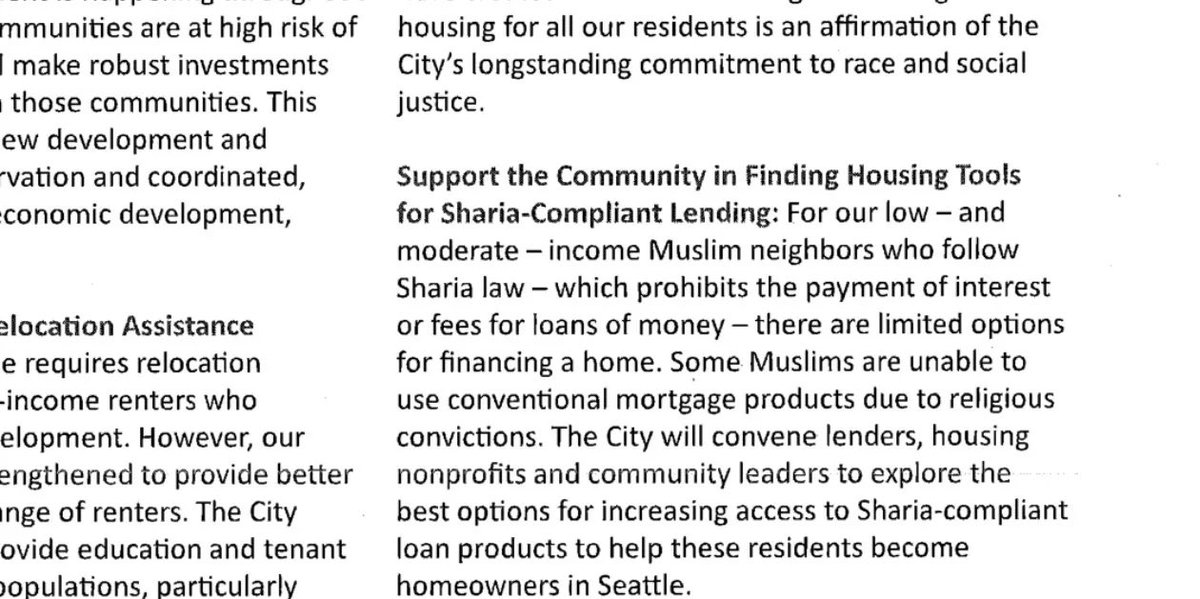 nataliegwinters's tweet photo. Seattle, Washington: Seattle’s mayoral housing plan created an official action item titled “Housing Tools for Sharia-Compliant Lending” and committed the city to expanding access to those products. https://t.co/2bfn8RRbEH