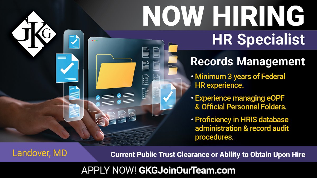 GoldenKeyGroup's tweet photo. HR Specialist–Records Management
If you have a sharp eye for detail and strong experience in records administration, we want to hear from you. 📄 
Apply today! https://t.co/VKEG5ERDHj
#GoldenKeyGroup #HumanResources #RecordsManagement #HRJobs #Hiring https://t.co/BnAKytFjYp