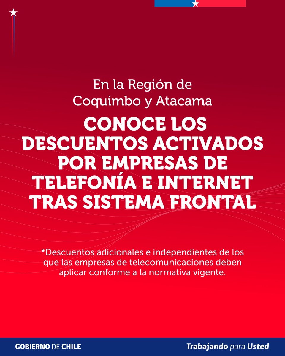 subtel_chile's tweet photo. ✅ Conoce el detalle por empresa: descuentos de hasta 100% en la Región de Coquimbo por la emergencia

🚨 Cabe resaltar que las rebajas y beneficios anunciados por Entel, ClaroVTR, Movistar y Wom son adicionales e independientes de los descuentos que deben aplicar por normativa. https://t.co/ffwNkBtGqI