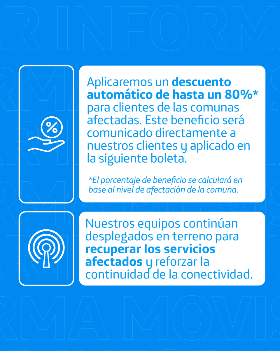 MovistarChile's tweet photo. Región de Atacama y Coquimbo👇🏻
Seguimos trabajando para mantenerlos conectados. Hemos definido un descuento adicional para nuestros clientes móviles afectados por la emergencia, que se verá reflejado en su siguiente boleta.
🩵Pronto informaremos más detalles sobre este beneficio. https://t.co/13FYue9OM4