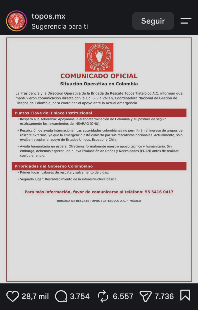 Valenti64677392's tweet photo. @Nuada_sheol @Manuler Los invito a mirar y leer las páginas oficiales.
Se refieren a este comunicado de otra organización de Topos también de México, ellos si requieren permiso de los gobiernos para entrar y poder ayudar. Por favor dejen los insultos, investiguen cuentas oficiales https://t.co/4p8uGseLd5