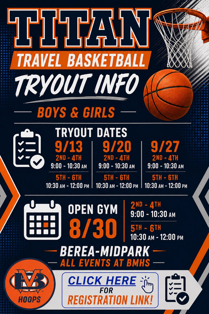 BMHSTitanGHoops's tweet photo. Berea-Midpark Travel Basketball time.  All players must register by 9/13 in order to tryout!!!! Here is the registration form!! 

https://t.co/SfhoYy7mmh https://t.co/C2kzJ630zo