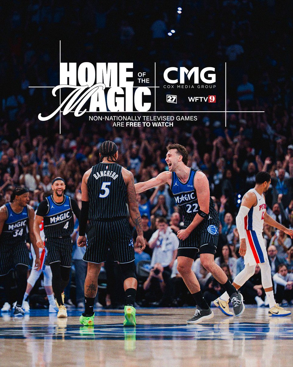 OrlandoMagic's tweet photo. Watching Magic Basketball has never been easier! 

Every non-nationally televised regular season game is FREE on WRDQ TV 27 with select games also airing on WFTV Channel 9.
 
Cox Media Group (WRDQ TV 27, WFTV Channel 9) will serve as our new over-the-air broadcast partner for the 2026-27 season.