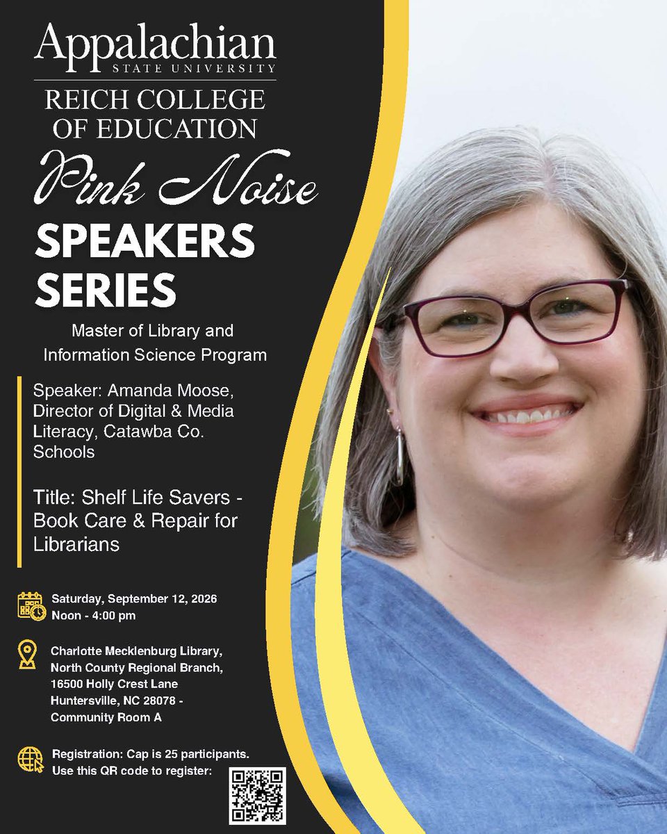 AppStateLS's tweet photo. It's back to school time for the App State MLIS Program, which means it's time to kick-off our 2026-27 Pink Noise Speaker Series! We're so pleased to host Amanda Moose as our first speaker, who will teach us about book repair.  Scan the QR code to learn more! https://t.co/cRocGAXmOq