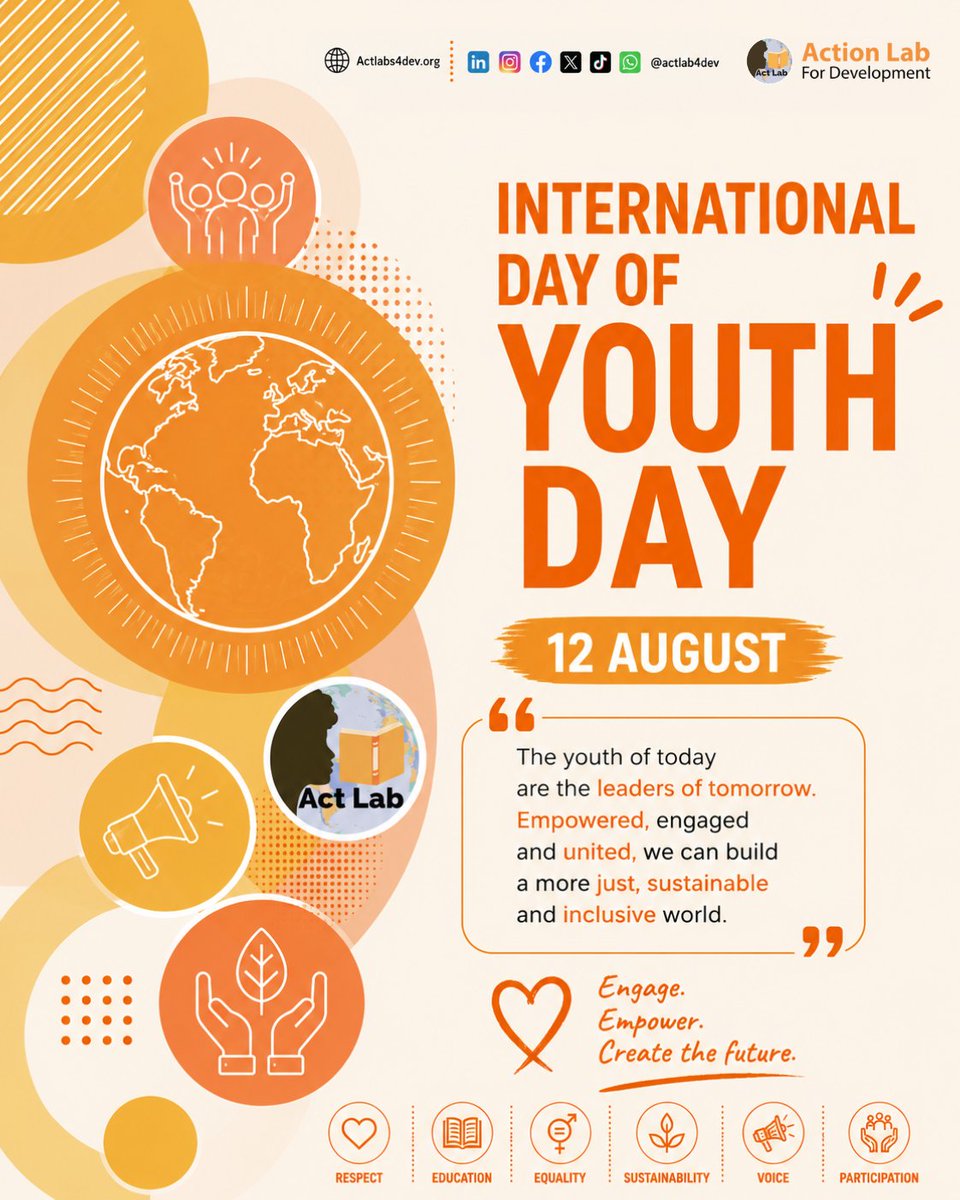 ActLab4Dev's tweet photo. 🌍 International Youth Day | August 12
Young people are not only the leaders of tomorrow - they are changemakers today.
At Action Lab For Development, we believe in creating spaces where young people can engage, empower, and shape the future. 🧡
#ACTLAB #InternationalYouthDay https://t.co/Yo0GKqMlRG