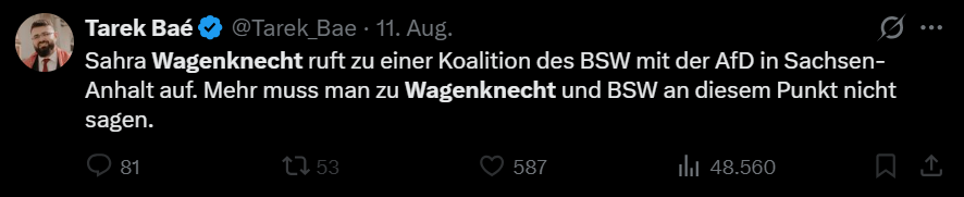 HarmNeitzel's tweet photo. Zum Glück hat mich der "Journalist" @Tarek_Bae geblockt. Wenn er nicht über Gaza schreibt, hat er ganz schön abgedrehte Meinungen. Und er lügt. Denn von einer "Koalition" hat niemand gesprochen!
#BSW #Wagenknecht https://t.co/9cMhXbcCTh