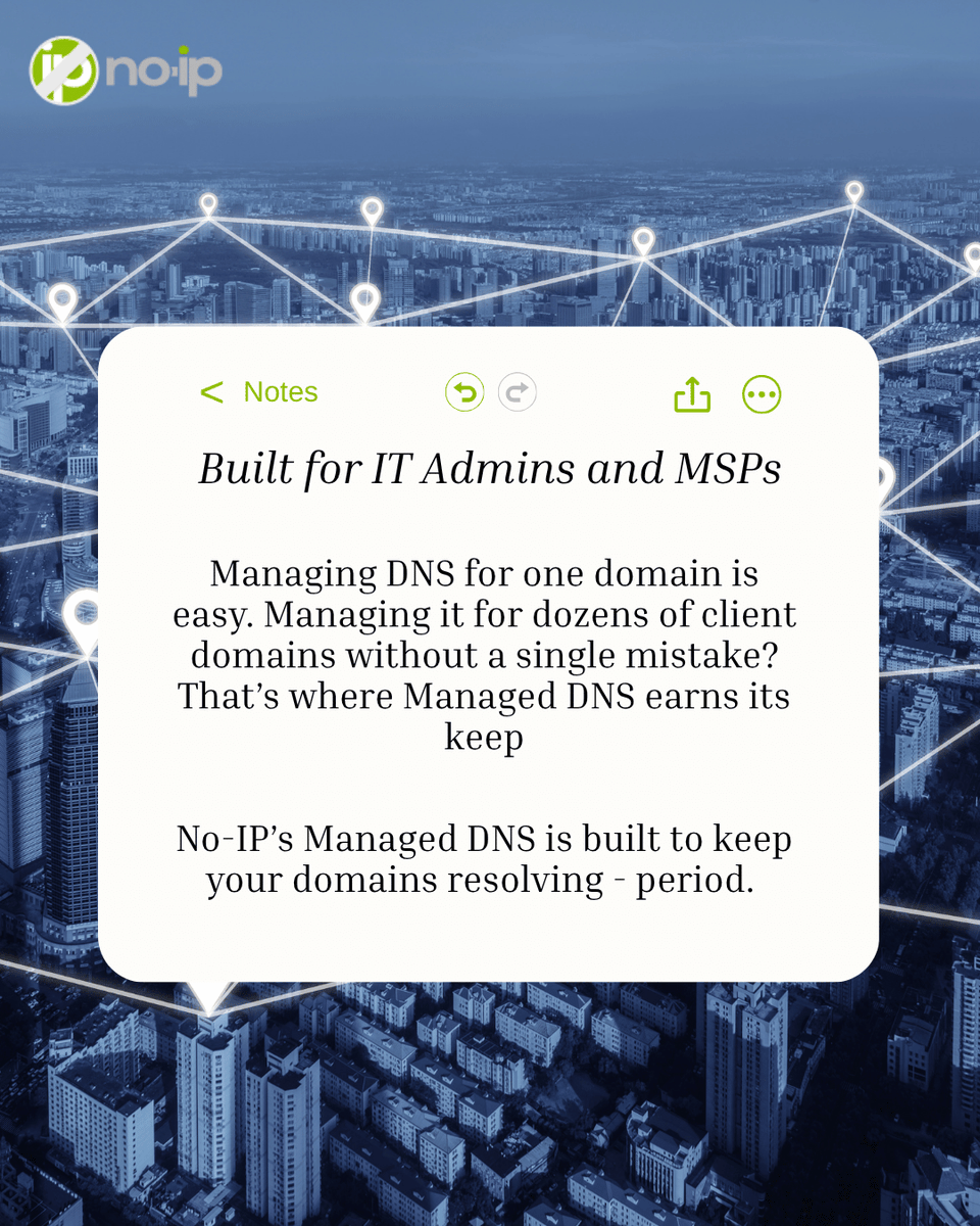 NoIPcom's tweet photo. DNS downtime = client downtime.

Managed DNS gives you failover, DDoS mitigation, and a 100% uptime guarantee. One server hiccup doesn't take your site offline.

Built for anyone who don't have time to babysit DNS. 🔗 https://t.co/eztScLJxox

#ManagedDNS #MSP #ITAdmin https://t.co/SsA0acDUrU