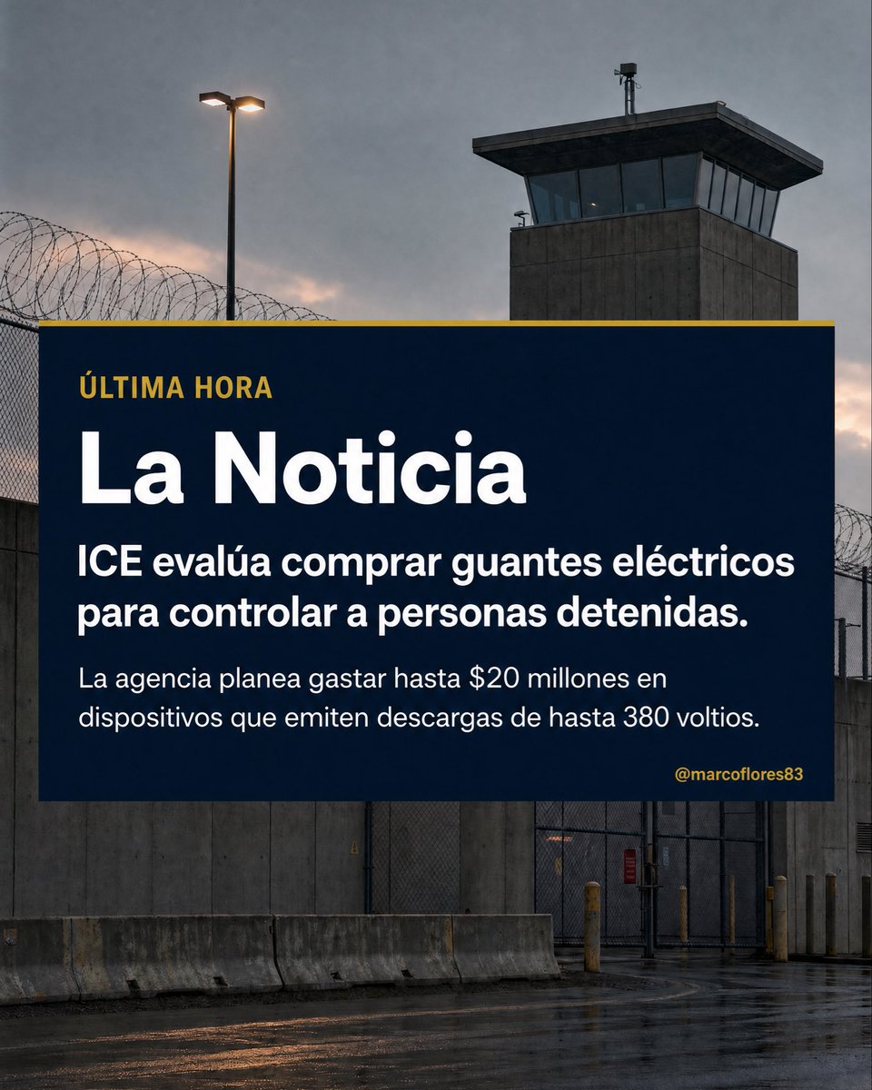 marcoflores83's tweet photo. ICE evalúa gastar hasta $20 millones en guantes eléctricos para controlar a detenidos.
Los fabrica Compliant Technologies LLC (Kentucky) y emiten hasta 380 voltios. Podrían usarse desde marzo. Grupos opositores los llaman "crueles".

#ICE #Inmigración https://t.co/l6kc4ZzvXH