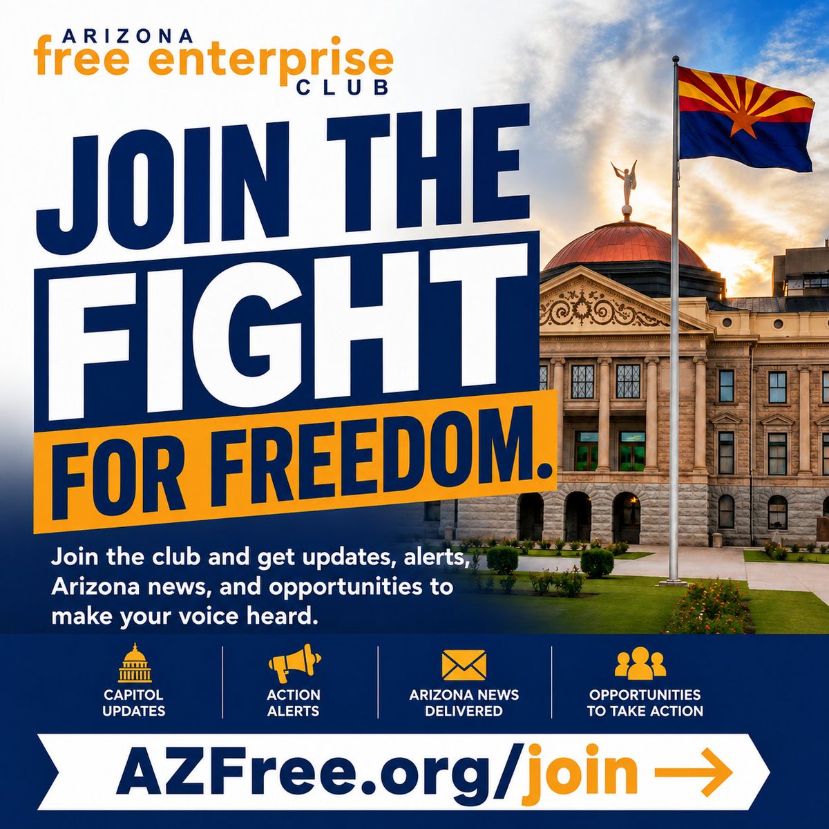azfec's tweet photo. Keeping Arizona Free takes more than watching from the sidelines.

Join the Arizona Free Enterprise Club and get Capitol updates, action alerts, Arizona news, and opportunities to make your voice heard.

Join the fight at https://t.co/GSLR6gJ8IN

#KeepArizonaFree #AZFree #Arizona #ArizonaPolitics #AZPolitics #FreeEnterprise #EconomicFreedom #Grassroots #TakeAction #ArizonaNews