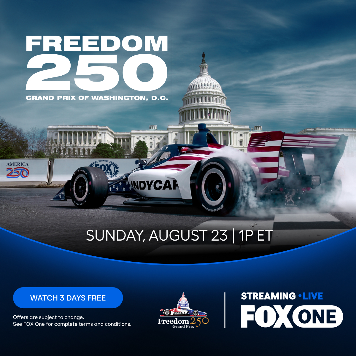 foxone's tweet photo. America's newest race. The nation's most iconic backdrop. Stream the inaugural Freedom 250 Grand Prix LIVE on FOX One.