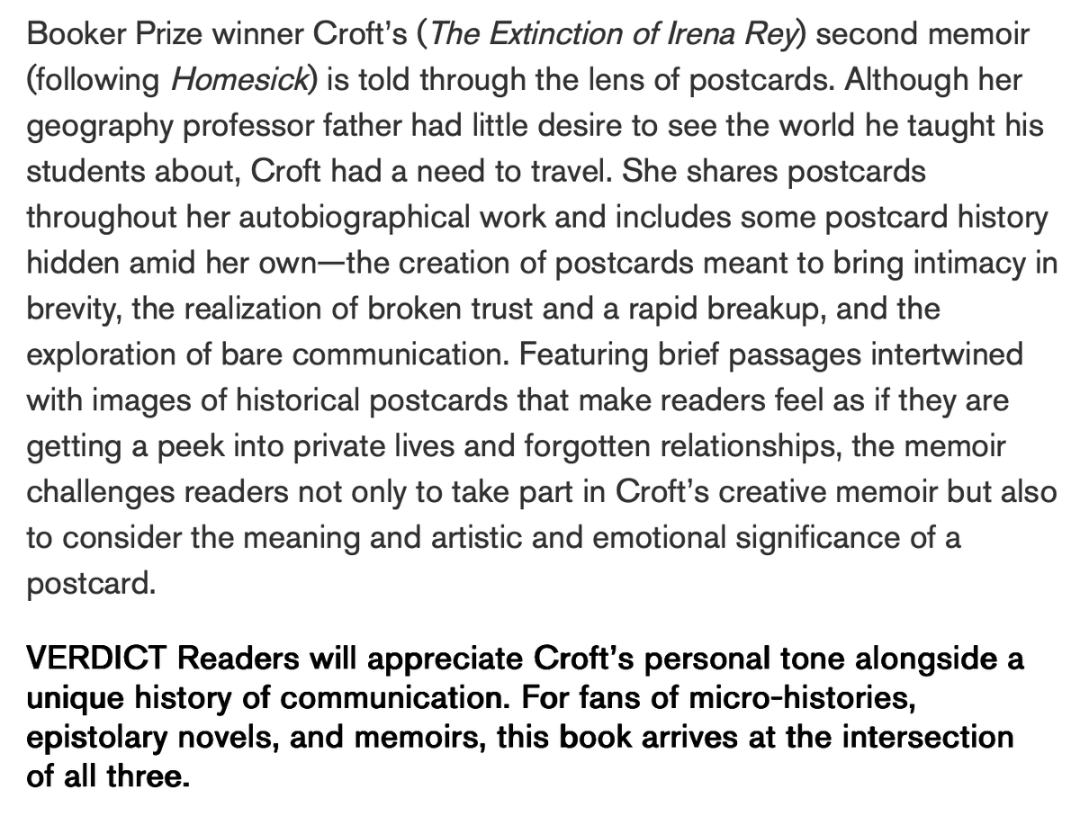 jenniferlcroft's tweet photo. I'm really happy to read the first review of my new memoir Notes on Postcards (which comes out on November 10), thanks so much to M. Tiffany Messer-Bass and @LibraryJournal! https://t.co/xhFlw8C9cV https://t.co/iEL2r4e1Cd