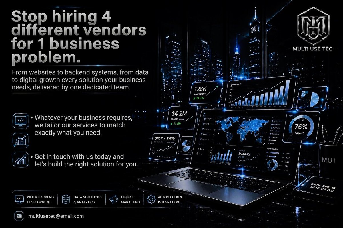 multi_use_tec's tweet photo. Stop hiring 4 different vendors for 1 business problem.

Web dev. Backend. Data. Marketing. One team, zero coordination chaos.

Multi Use Tec 🤝

#DigitalAgency https://t.co/UqIsgv66KG