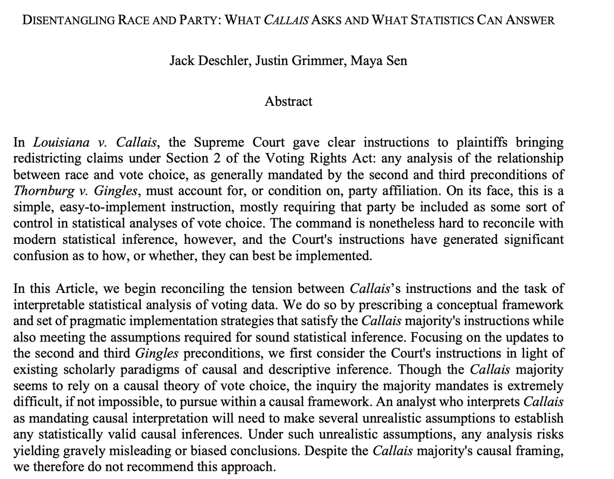 jwdeschler's tweet photo. New paper with @maya_sen and @JustinGrimmer just posted to SSRN (link at end of thread). We examine Callais's updates to the Gingles 2 and 3 from a statistical perspective to determine what "controlling for party" could actually mean in the voting rights context. (1/) https://t.co/zva0YPI9Ms