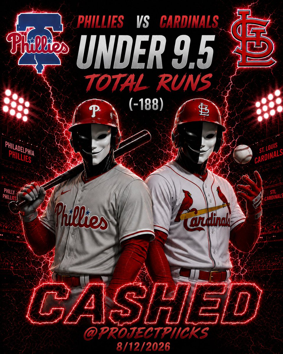 ProjectPiicks's tweet photo. Official Result ✅

Phillies vs. Cardinals Under 9.5 Runs (-188) ✅

The opening result went our way.
Now there's one more to settle.

Final: Phillies 1–7 Cardinals (8)

Record: 45–20
@ProjectPiicks

#GamblingX https://t.co/V8IP06ScOa