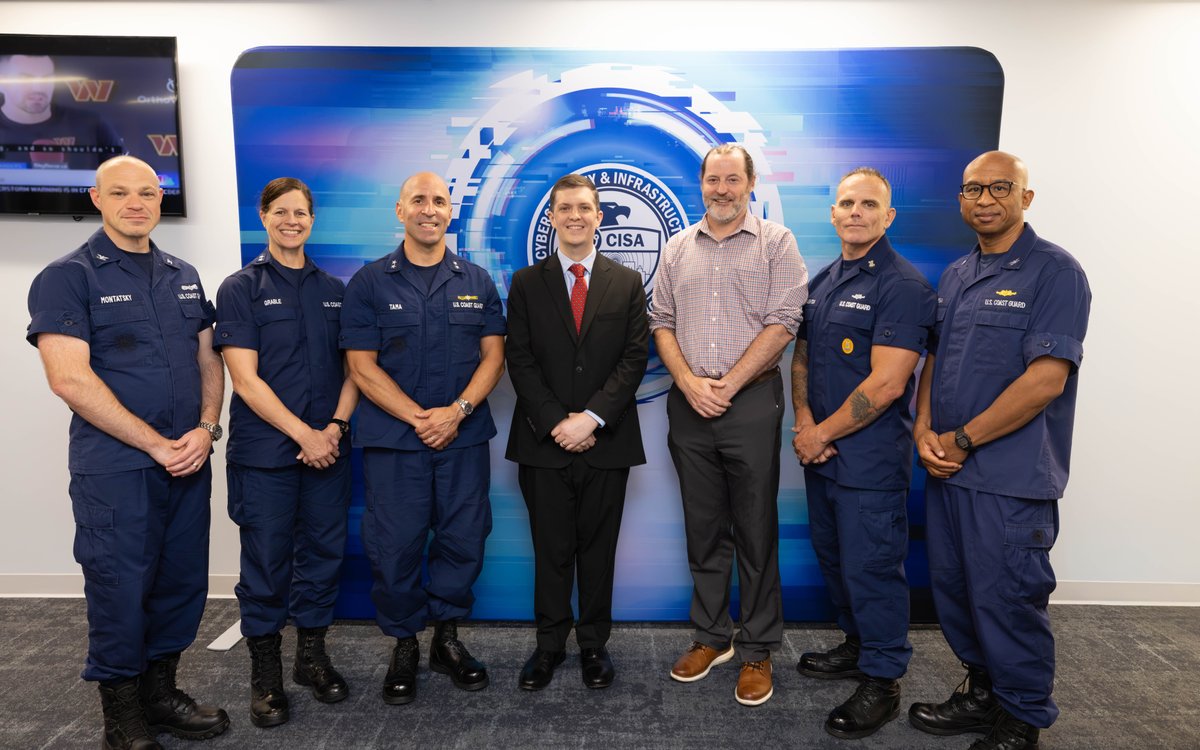 CISAgov's tweet photo. CISA leaders met with the @USCG Cyber Command (CGCYBER) to expand strategic collaboration, align shared priorities, and reinforce partnership as CGCYBER changes command. We thank them for their joint efforts and dedication to protecting our nation’s cyberspace. https://t.co/Ailvm8QQCN