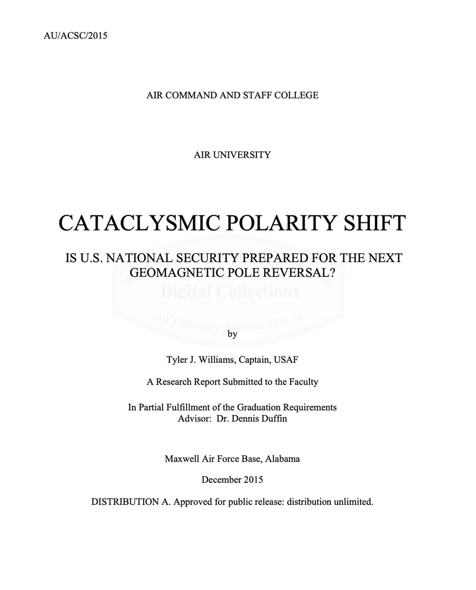 nobulart's tweet photo. "There is strong evidence suggesting that a transition may be underway, with magnetic field strength levels during the last 150-200 years dropping by a significant 15 percent. Measurements made since the invention of the compass have shown strength levels falling by an astounding 40% over 400 years. Field strength measurements made by ESA’s SWARM satellite array add to this building picture of changes in the Earth’s core, with data showing the rate of change is occurring ten times faster than previously calculated. If the weakening trend continues accelerating, and the field reverses in the same manner as the Matuyama-Brunhes transition, the Earth could see a flip in a human lifetime."
[1] Tyler J. Williams, USAF, Cataclysmic Polarity Shift (2015) https://t.co/MCuV7mrdvx PDF https://t.co/0XcpzyC3Jd