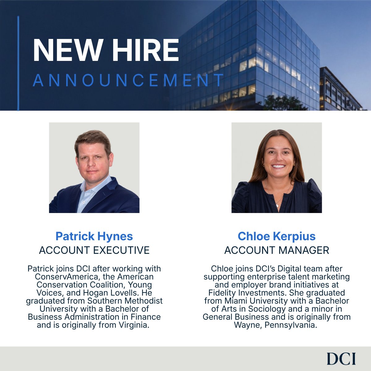 DCIGroup's tweet photo. Welcome to DCI!

As we continue growing our team, we're pleased to welcome Patrick Hynes, Chloe Kerpius, Landon Self, Sophia Sfiroudis, Lucy Preston, and Liz Trubeck.

Welcome to the team!

Read more: 
https://t.co/BiiYQUI37p https://t.co/6k96PgXhRk