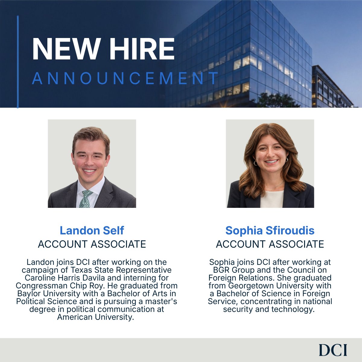 DCIGroup's tweet photo. Welcome to DCI!

As we continue growing our team, we're pleased to welcome Patrick Hynes, Chloe Kerpius, Landon Self, Sophia Sfiroudis, Lucy Preston, and Liz Trubeck.

Welcome to the team!

Read more: 
https://t.co/BiiYQUI37p https://t.co/6k96PgXhRk